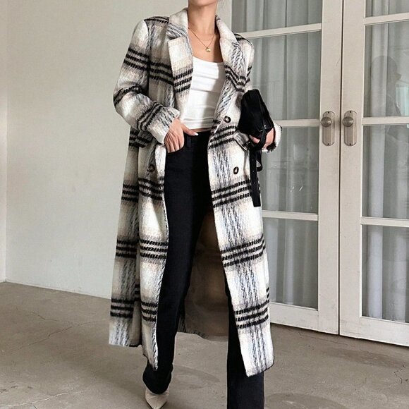 Multicolor Casual Womens Plaid Lapel Neck Double Breasted Overcoat - Picture 1 of 5